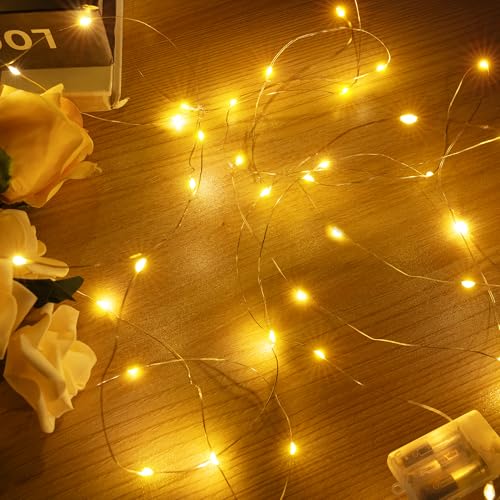 Hopexy 5M 50 LEDs Fairy Lights Battery Operated Micro Copper Wire Bright Lighting String Light Battery Power for Gift Wrapping Bottle Wedding Party for Indoor and Outdoor Decorations (Warm White)