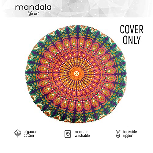 Mandala Life Art Bohemian Yoga Décor Floor Cushion Cover - Round Mediation Pillow Case - Hand Printed Organic Cotton Pouf (Pouf Cover 30", Orange Peacock) #TOP3