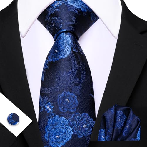 Image of Barry.Wang Flower Ties for Men Silk Woven Floral Tie Sets Necktie Handkerchief Cufflinks Wedding Party