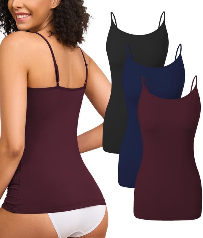 CF Womens Camisole Tank Tops Bamboo Rayon Adjustable Spaghetti Strap Undershirts Soft Seamless Long Tank Tops 3-Pack