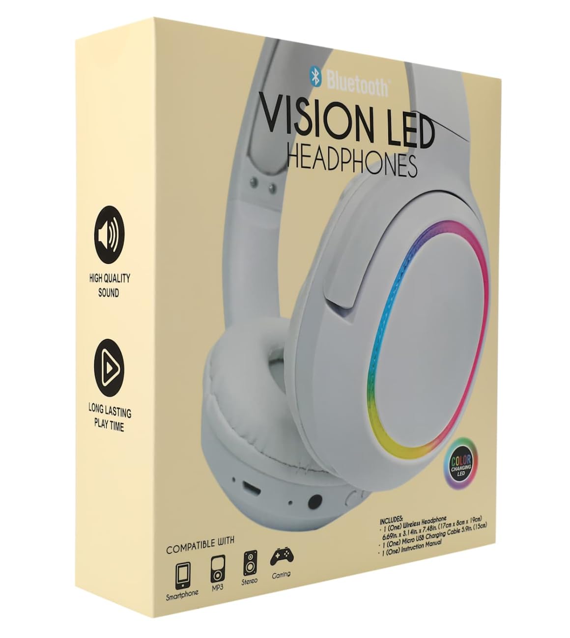 Bluetooth Vision LED Headphones, White Over-Ear, Plastic, Gaming Headset with Detachable Cable, Touch Control, 33ft Range, Dynamic Driver, Passive Noise Cancellation 3
