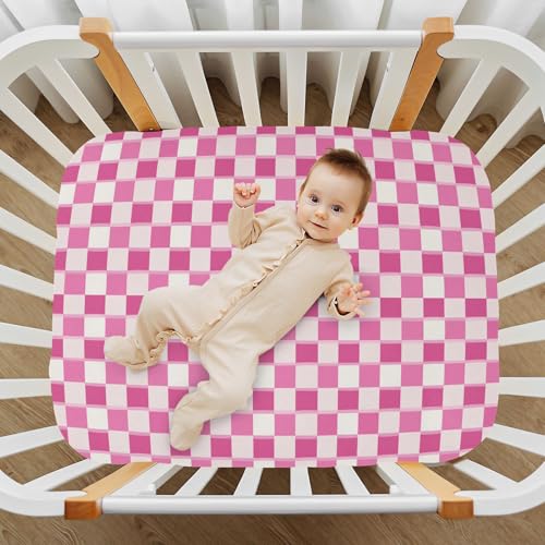 Image of Pink Checkered Fitted Crib Sheets Stretchy Portable Playard Sheets for Baby Toddler, Breathable Soft Mini Crib Mattress 52 x 28 in for Boys and Girls
