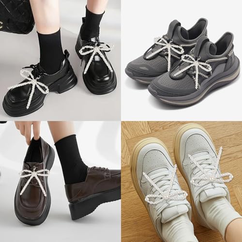 Lestp 2Pcs Pearl Bow Shoe Charms For Sneakers Decoration Shoe Lace Charms Sneakers Elegant Pearl Buckle Dress Shoe Sneaker Accessories For Women Girls Pearl Bead Chain Shoelace Charms Diy Y2K Accessories-B thumb #2