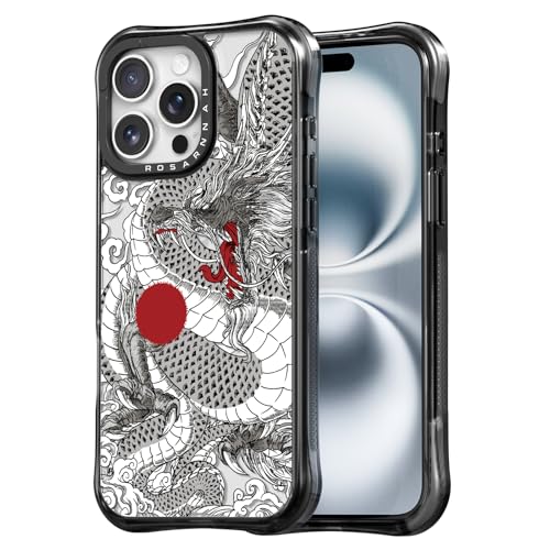 Rosarnnah for iPhone 15 Pro Case Aesthetic Black, Chinese Dragon
