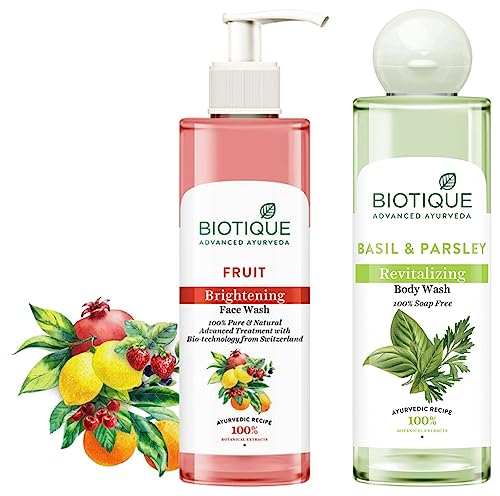 Image of Biotique Fruit Brightning Face Wash, 200ml & Biotique Basil & Parsley Revitalizing Body Wash, 200ml