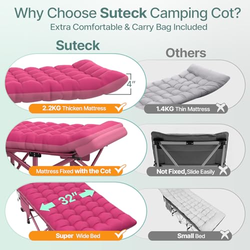 Image of Suteck 32 inch XXL Folding Camping Cot, 900LBS Heavy Duty Sleeping Cots | With Pillow Mattress & Carry Bag, 1200D Double-Layer Oxford Fabric Portable Cot Bed for Adults, Home, Office, Beach & Travel