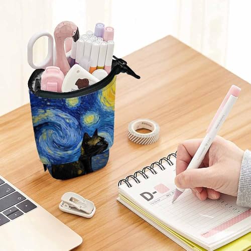 Image of Swono Shambhala Cat Pencil Case Vincent Van Gogh Impressionist Art Sky Scene Standing Pencil Case Pencil Pouch Pencil Holder Blue