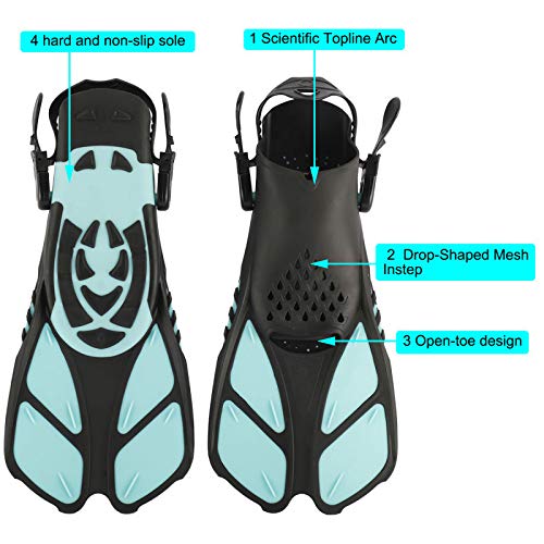 XMsound Adjustable Buckles Open Heel Swim Flippers Travel Size Short Swim Fins for Snorkeling Diving Adult Men Women (Large)