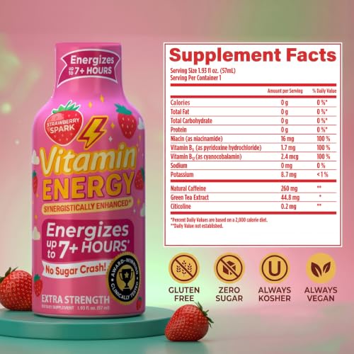 Image of Vitamin Energy Strawberry Spark Extra Strength Energy Shot, 12 Pack - Up to 7 Hrs, 260mg Natural Caffeine, Zero Sugar - Green Tea Extract, Immune Support, B12 B6 Niacin, 1.93 fl oz, Keto Vegan