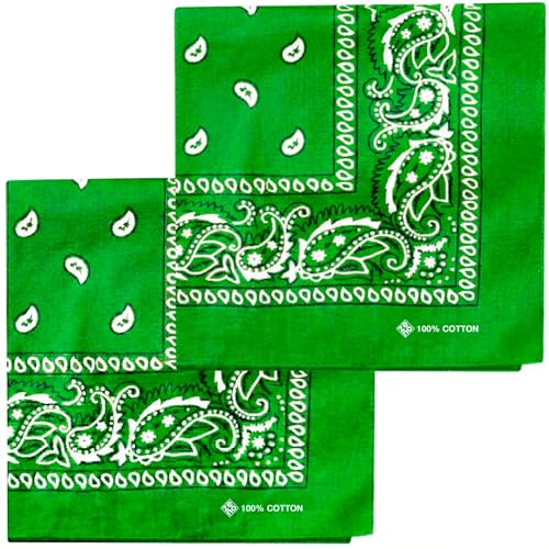 ZENO Green Bandana – 100% Cotton & Natural Fibers – Green Bandana Scarf with No Polyester – Premium Quality – Soft, Durable & Machine Washable – For Men & Women – Unisex & Kids - 2 Pack