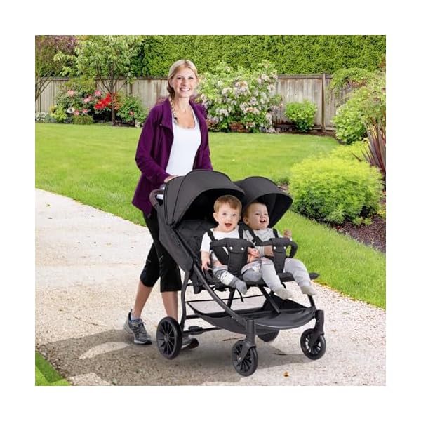 COSTWAY Geschwisterwagen klappbar, Zwillingswagen mit Verstellbarer Rückenlehne, Fußstütze & Baldachin, Reisebuggy mit Liegefunktion, Tragbarer Zwillingsbuggy für Baby bis 3 Jahre (Dunkelgrau)