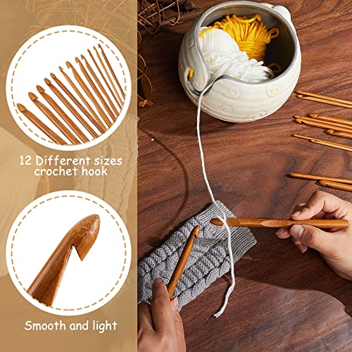 Image of Sleepy Sheep Ceramic Yarn Bowl 6.69 x 4.72 Inch Large Decorative Yarn Holder Knitting Yarn Ball Holder Handmade Craft Knitting Bowl Crocheting Accessories and Supplies Organizer With12 Crochet Hooks