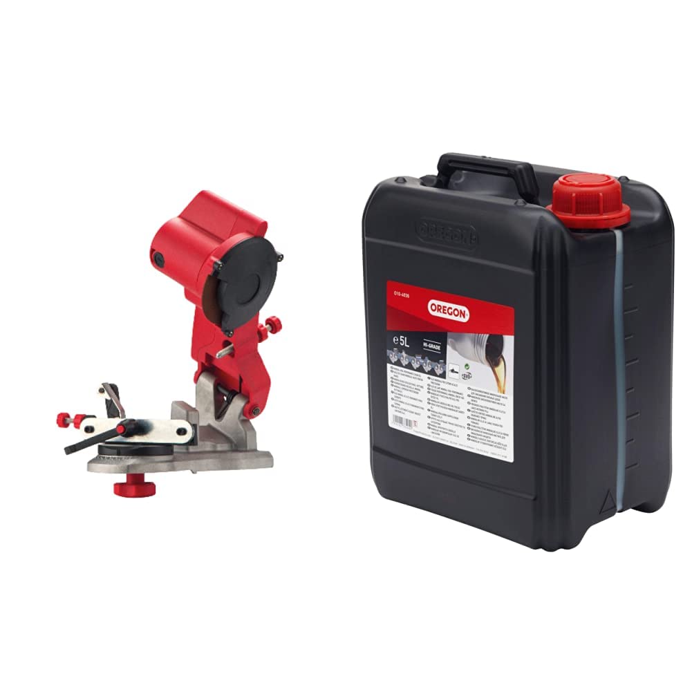 Oregon Afilador de Cadena de Motosierras Compacto de 230 Voltios, Sistema Universal para Todo Tipo de Motosierras 310-230 & Aceite para Cadena y Barra de Motosierra, Botella de 5 Litros (O10-4935)