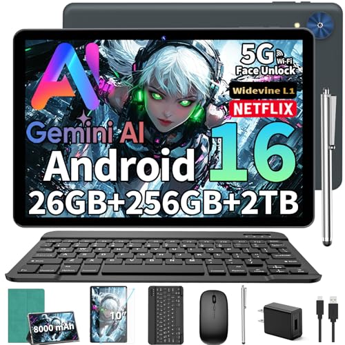 Image of 2026 Android 16 Tablet with Keyboard, 10 Inch Tablet with Gemini AI, 26GB+256GB+2TB Expand, 2-in-1 Tablets with 8-Core, WiFi, 8000mAh, GMS, GPS, Electronic Tablets PC with Mouse, Case, Stylus (Green)