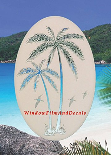 Leaning Palm Trees Oval Etched Window Decal Vinyl Glass Cling - 26\" x 41\" - White with Clear Design Elements