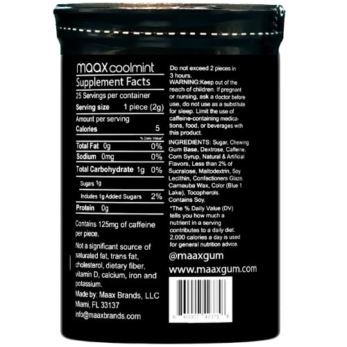Maax Caffeinated Gum Caffeine Energy | 125mg of caffeine per piece | Coolmint | 25 pieces per container | Focus Supplement