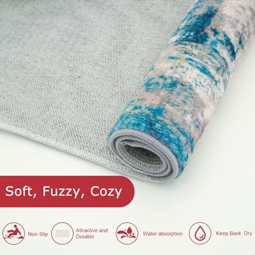 KOZYFLY Modern Abstract 3x5 Area Rug Washable Bedroom Rug Throw Entry Mat Non-Slip Stain Resistant Carpet Dining Room Rug with Soft Low Pile for Living Room Kitchen Office, Turquoise/Beige/Grey/Yellow