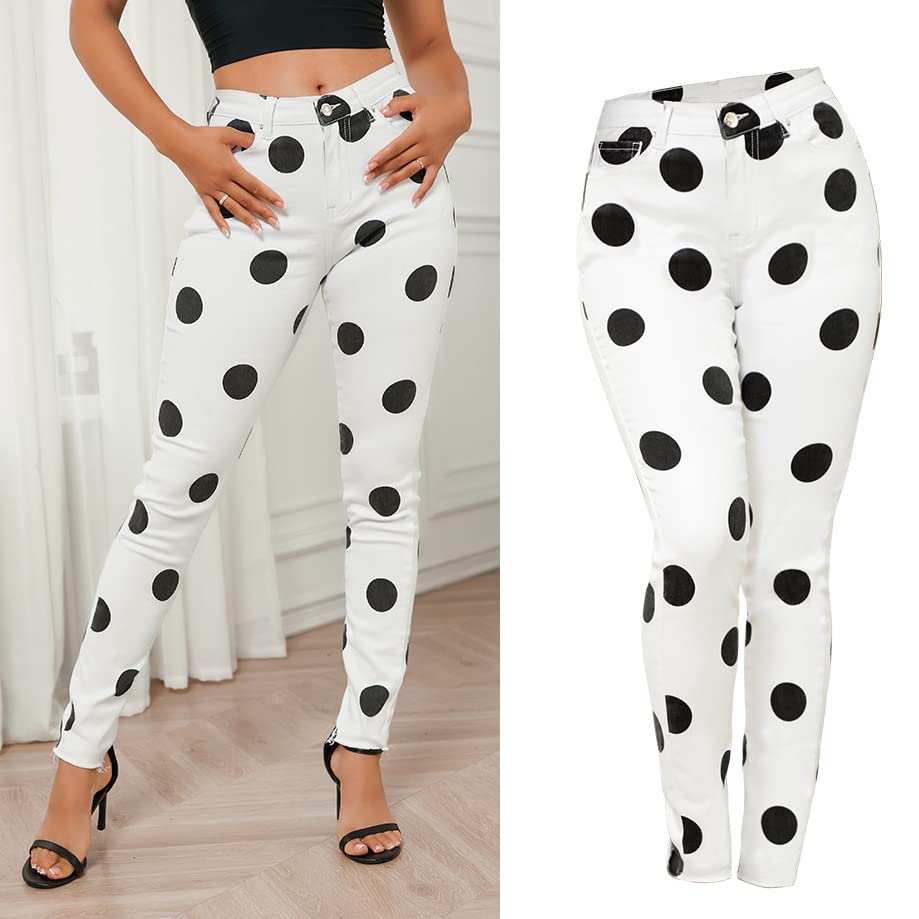 Women's Sexy Polka Dot Print Pencil Jeans White Slim Retro Jeans2