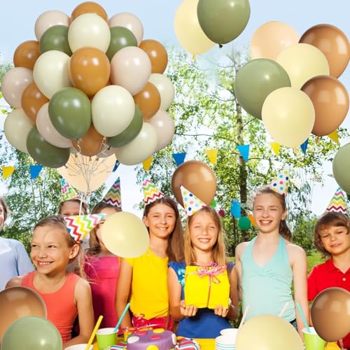 Image of Green and Brown Balloons, 60PCS Sage Green Light Yellow Nude Balloons