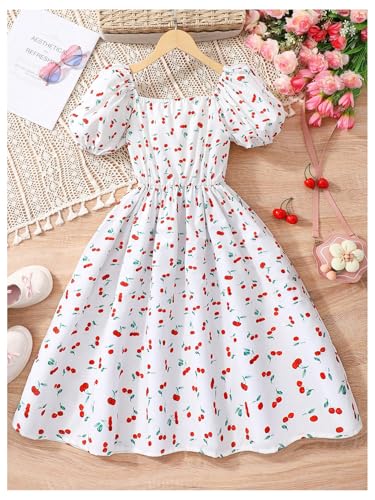 GORGLITTER Girl's Boho Floral Dress Bow Cherry Graphic Puff Short Sleeve A Line Swing Mini Dresses2