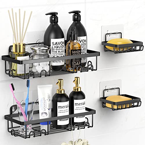 Shower Caddy, No Drilling Adhesive Shower Shelf with Soap Holder, Wall Mounted Bathroom Caddies with 6 Hooks, Rustproof Bathroom Accessories Organiser Storage for Bathtub Toilet Kitchen Home-4PCS