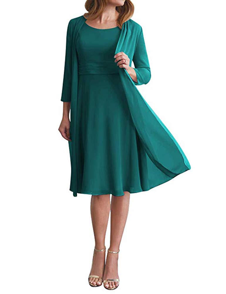 Leader Of The Beauty Women's Peacock 2 Pcs Knee Length Mother Of The Bride Dress Chiffon Formal Gown With Jacket Plus Size 16