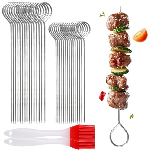 Brochettes en Acier Inoxydable, 30Pcs Brochettes pour Barbecue avec 2 Brosses en Silicone pour Camping Barbecue, Viande et Légumes