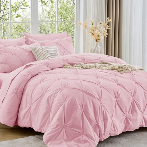 Image of Sasttie King Size Comforter Set, 7-Piece Bed in a Bag, Pintuck Bedding Sets for All Season, Includes Comforter, Flat Sheet, Fitted Sheet, Pillowcases and Pillowshams, Baby Pink