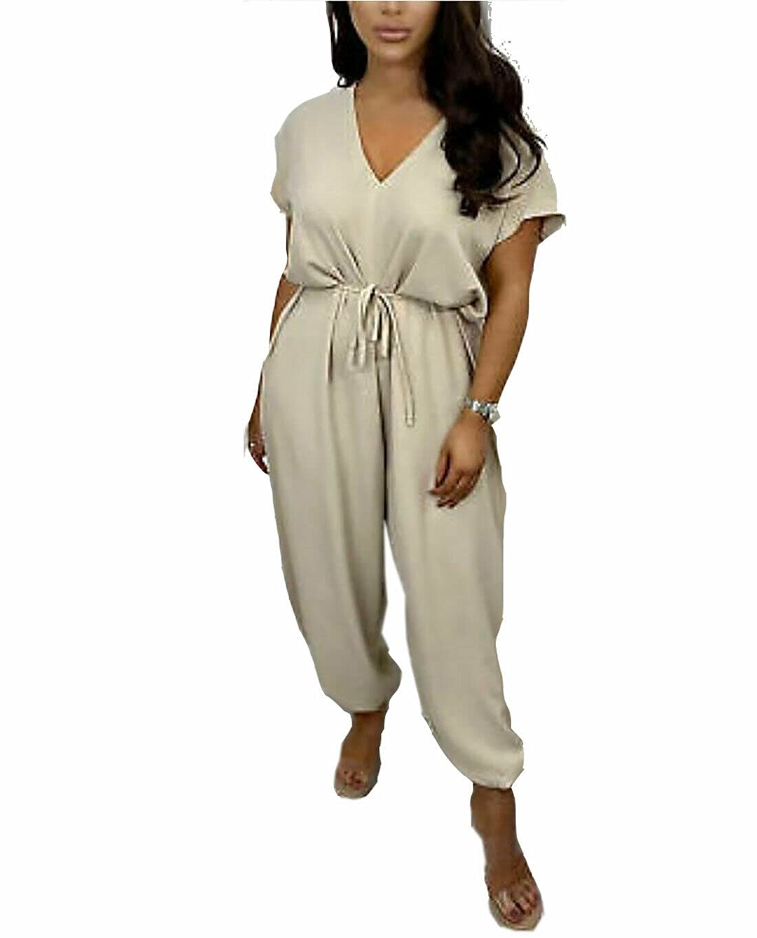 Trendyfashion Women's Stone Tie Belted Waist V Neck Harem Wide Leg Cuffed Jumpsuit Short Sleeve Playsuit