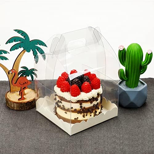 10Pcs Transparent Cake Box with Handle,Clear Cake Gift Box,Crystal Small Cake Boxes,Clear Square Plastic Baking Boxes with Lids,Cupcake Boxes Cake Display Boxes Bakery Packaging Box for Dessert 4inch