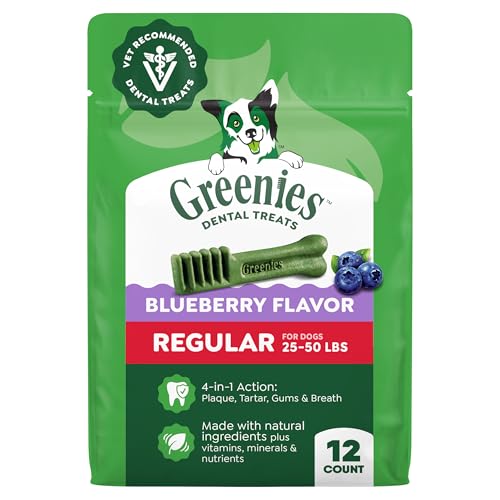 Image of Greenies Regular Natural Dental Dog Treats, Blueberry Flavor, 12 Count | Veterinarian-recommended, for dogs 25-50 lbs, promotes oral health & fresh breath, clinically proven, no fillers, 12 oz Pack