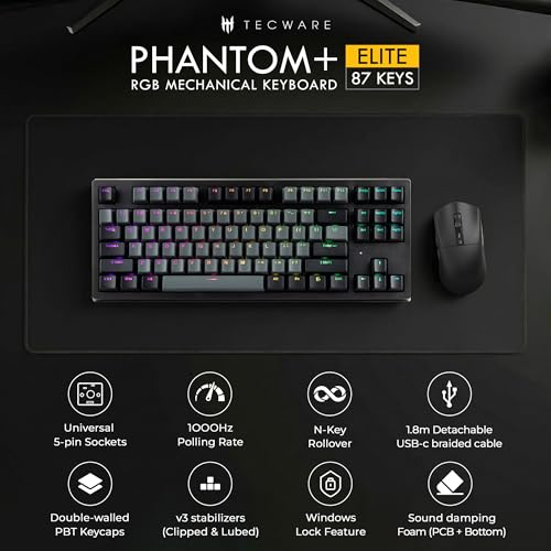 Image of TECWARE Phantom+ Elite 87 Key RGB Mechanical Gaming Keyboard | 3 Mode Wireless Bluetooth 5.0 2.4GHz & USB C Wired | Hot Swappable 5 Pin | Double Shot PBT Keycaps | Wraith Red Switch - Black