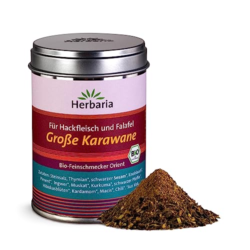 Herbaria Große Karawane bio 90g M-Dose – fertiges Bio-Gewürzsalz für orientalische Hackfleischgerichte und vegane Varianten wie Falafel oder Bratlinge – in nachhaltiger Aromaschutz-Dose