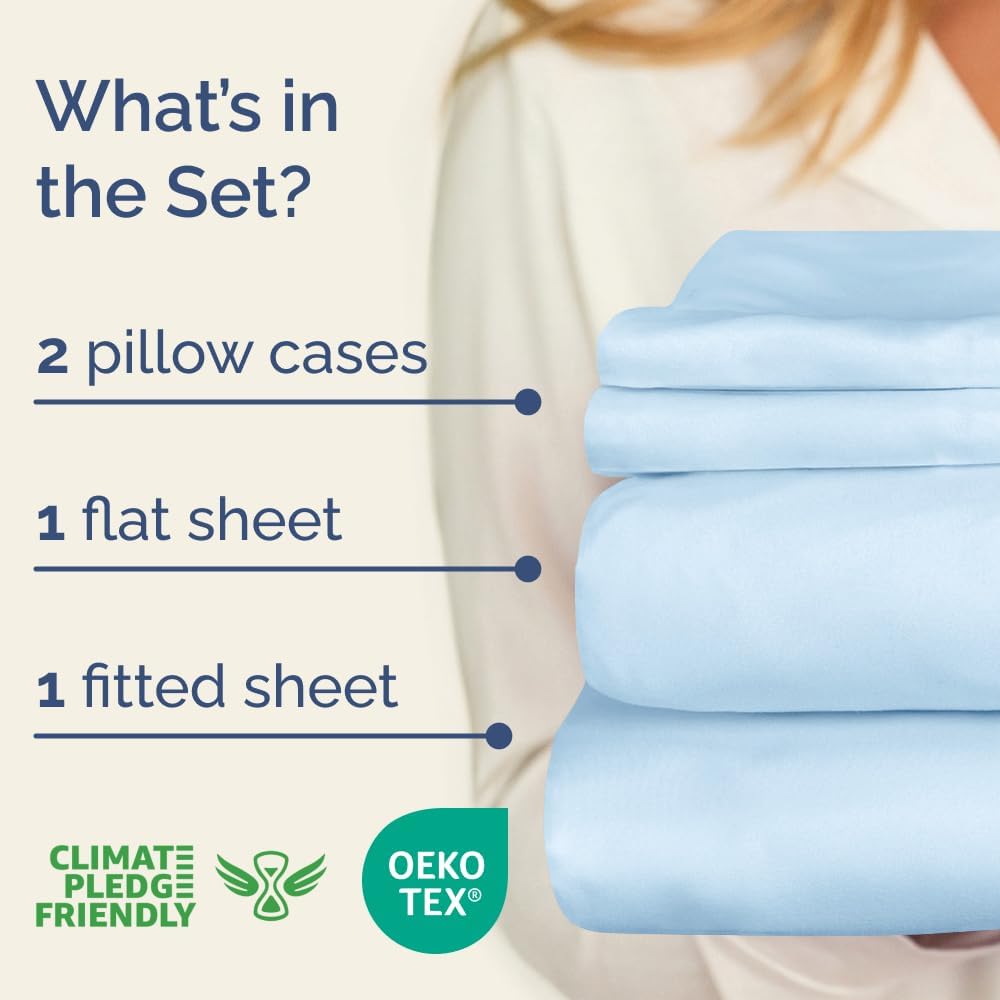 Queen Sheet Set - 100% Cotton Sheets - 4 Piece Queen Size Cotton Bed Set with Deep Pockets up to 16 Inches - Ultra Soft, Breathable & Cooling - Fade and Stain Resistant - Machine Washable - Light Blue