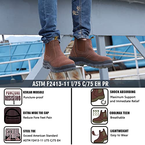 DIIG Work Boots for Men, Soft/Steel Toe Waterproof Working Boots, Slip Resistant Anti-Static Slip-on Safety EH Working Shoes 6 8 9 10 11 12 13 (Brown)2