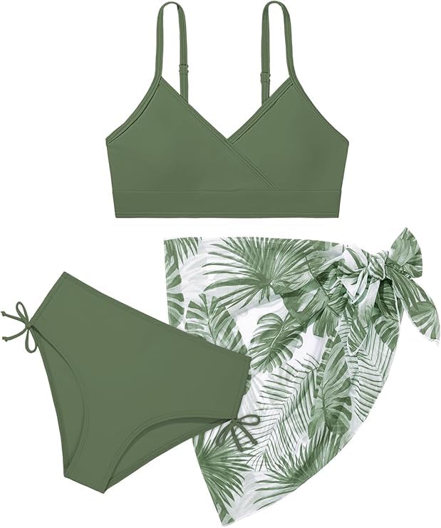 Image of Girls Swimsuit V Neck Bikini Set Color Block with Cover Up Skirt 3 Piece Bathing Suits Tween Swimwear 9-16 Years