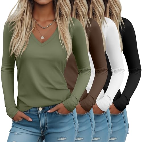 Riyiper 4 Pack Women's Deep V Neck T-Shirts, Long Sleeve Slim Fitted Tee Tops Casual Fall Basic Tee Shirts(Black, White, Coffee, Matcha Green,Medium)