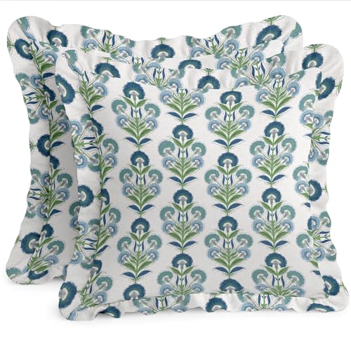 Vargottam Premium Cotton Frill Cushion Covers Set of 2, 16x16 Inches, Double Printed, Block Print, Durable Twill Fabric, Farmhouse Look, No Fillers