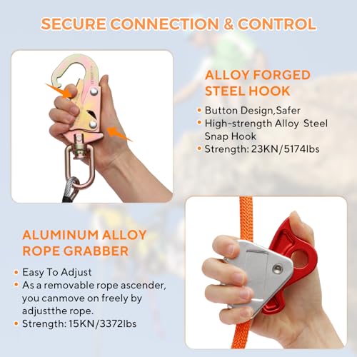 Image of Steel Wire Core Flipline, Fall Protection Arborist Positioning Lanyard Kit | Arborist Flip Line Tree Climbing Gear with Swivel Snap Hook, Triple Lock Carabiner & Rope Grab Adjuster