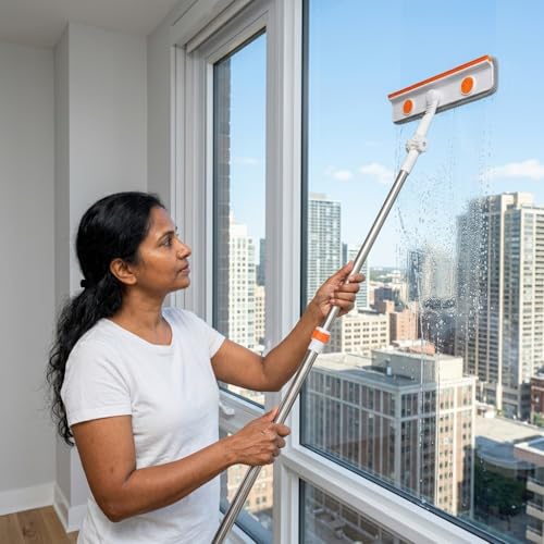Image of HASTHIP 51'' Window Cleaning Tool with Scraper & Microfiber Head - 2-in-1 Multifunctional Window Glass Cleaning Tools, 180 Rotatable Head for High Windows, Shower Glass, Car Windshield-Yellow