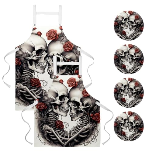Tablier de cuisine pour pâtisserie et nettoyage : lot de 2 avec broches motif crâne couple