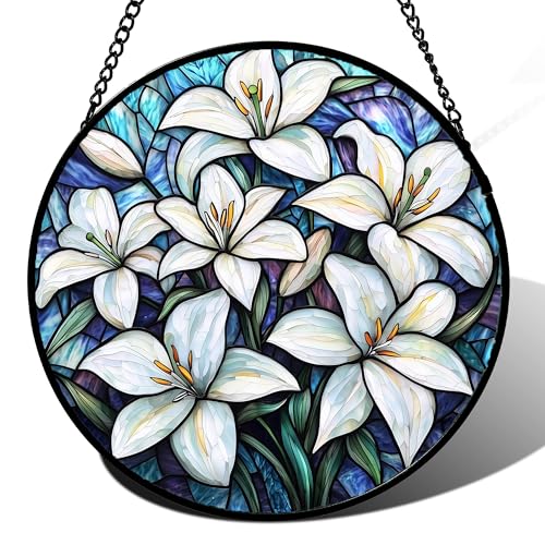 JOSUMALY Stained Glass Window Hanging - White Lily Flowers Suncatcher for Door Terrace Garden Home Decor Blue Purple Sun Catcher Birthday Gifts for Lovers Women Men Dad Mom Nana 11.8 in