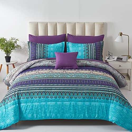 Cottolester Boho Comforter Set Queen Size 8 Piece Bed in a Bag Bohemian Striped Bedding Quilt Set Aqua Paisley Floral Comforter and Sheet Set,Soft Microfiber Complete Bedding Sets for All Season