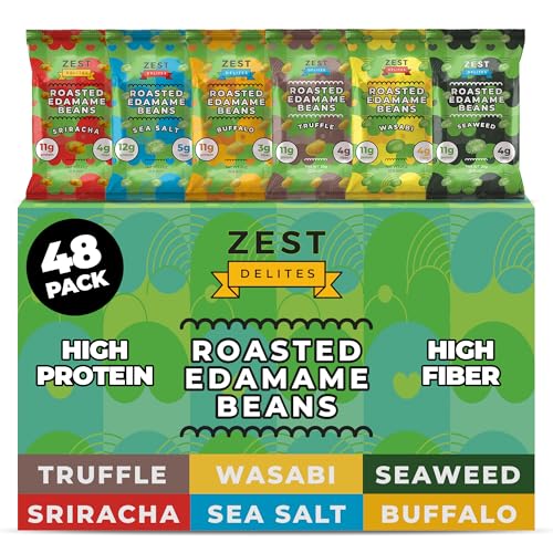 Edamame Snack by Zest Delites, 26g x 48 Packs, Healthy High Protein Snacks Bulk, Keto, Low Carb, Low Calorie, Sea Salt, Sriracha, Buffalo, Truffle, Seaweed, Wasabi