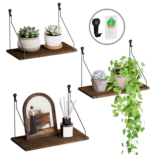QsQueen Elevate Your Space with Rustic Wood Floating Shelves Set of 3- Perfect for Bedroom Living Room Bathroom and Kitchen Decor - Easy Installation No Drilling Needed! Brown