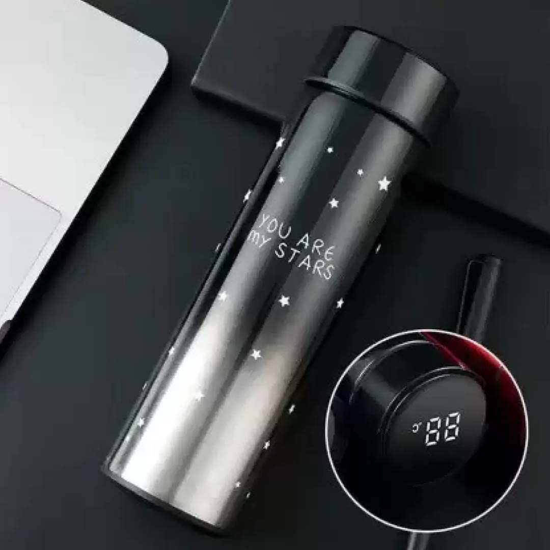 Smart Water Bottle With LED Temperature Indicator Display Stainless Steel Vacuum Travel Bottle For School Home Office 500ml Black & Grey