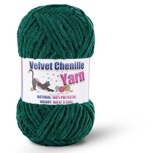 Image of Fluffy Chenille Yarn for Crocheting, Chunky Velvet Yarn for Crochet Amigurumi, Used for Making Baby Yarns Blanket, Clothes, Pattern Knitting Creations (1-Dark Green)