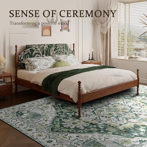 Deerly Green Large Washable Area Rug 8x10 for Living Room Bedroom Boho Vintage Rug for Dining Room Non-Slip Soft Low-Pile Thin, Green/Multi