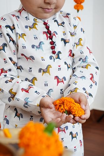 Image of POLKA TOTS Boys Cotton Ethnic Kurta Pajama Set with Attached Koti | Ethnic Motif Wear Kids Kurta Pyjama for Boys & Toddlers | Traditional Dress for Weddings & Festivals | Festive Jubba Set for Babies