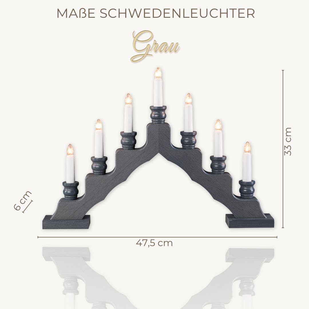 WEIGLA - Schwedenleuchter original Erzgebirge I Trendiger Schwede GRAU I LED I Schwibbogen Weihnachten I 7 Lampenkerzen + 1 Ersatzlampe I 7 x 34 V, 0,2 W, E10 I Weihnachtsdeko innen I Kiefernholz